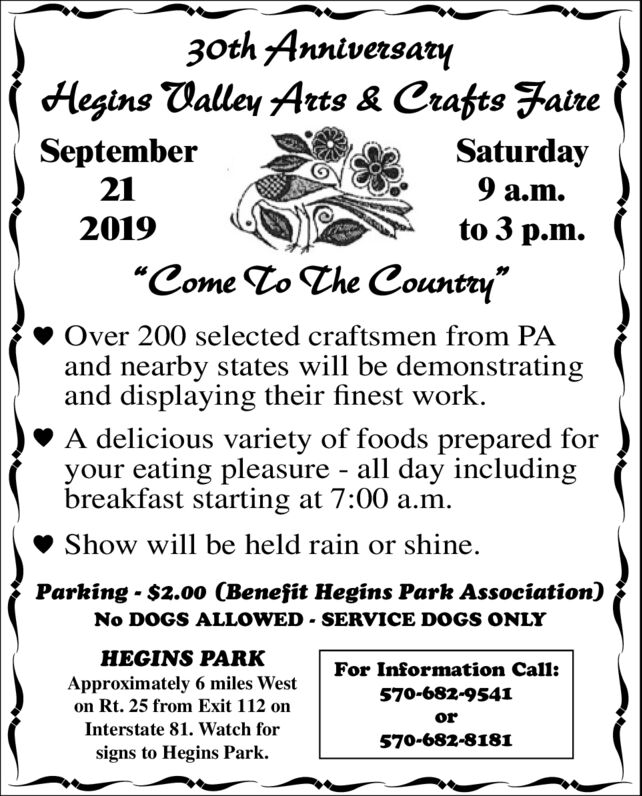 WEDNESDAY, SEPTEMBER 4, 2019 Ad Hegins Valley Arts & Craft Faire